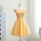 Champagne Tulle Short Lace Applique Bridesmaid Dress, Short Prom Dress Homecoming Dress
