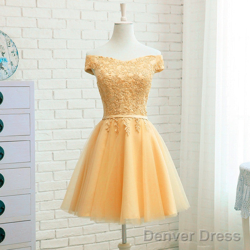 Champagne Tulle Short Lace Applique Bridesmaid Dress, Short Prom Dress Homecoming Dress