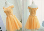 Champagne Tulle Short Lace Applique Bridesmaid Dress, Short Prom Dress Homecoming Dresses