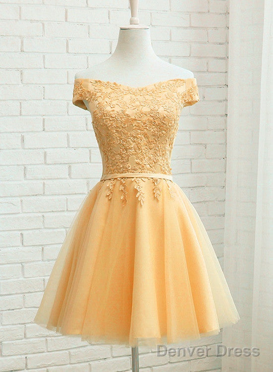 Champagne Tulle Short Lace Applique Bridesmaid Dress, Short Prom Dress Homecoming Dress Main image