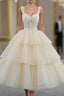 Champagne Tulle Short Prom Dress with Beaded, A Line Tea Length Prom Dresses