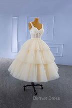 Champagne Tulle Short Prom Dresses with Beaded, A-Line Tea Length Party Dresses