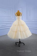 Champagne Tulle Short Prom Dresses with Beaded, A-Line Tea Length Party Dresses