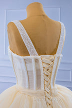 Champagne Tulle Short Prom Dresses with Beaded, A-Line Tea Length Party Dresses