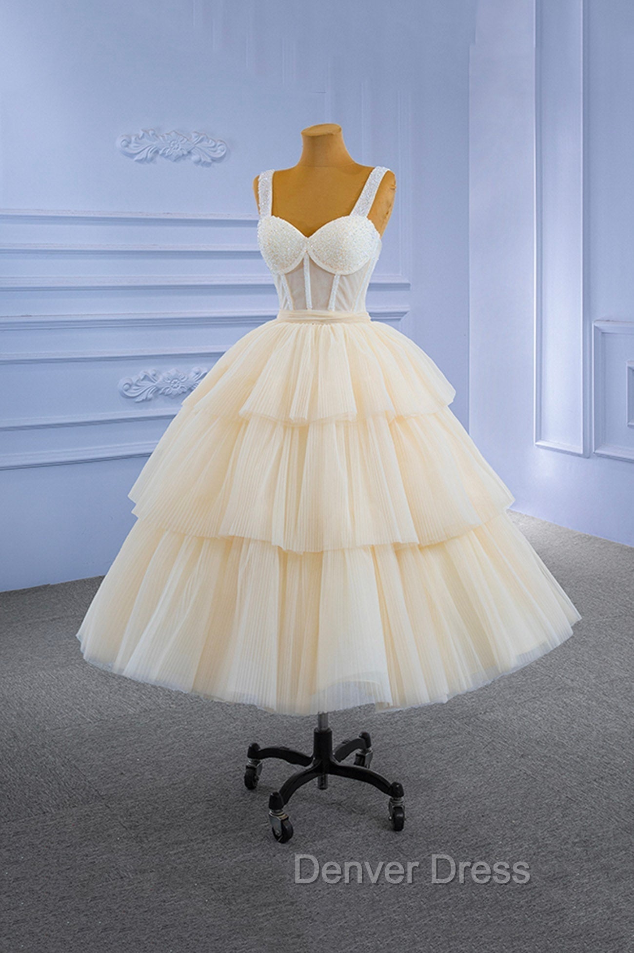 Champagne Tulle Short Prom Dresses with Beaded, A-Line Tea Length Party Dresses Main image