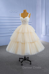 Champagne Tulle Short Prom Dresses with Beaded, A-Line Tea Length Party Dresses