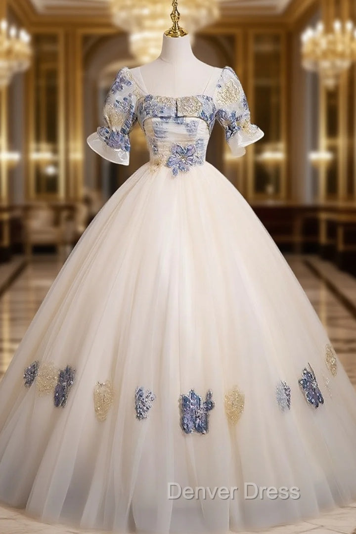 Champagne Tulle Short Sleeve Flower Quinceanera Dresses