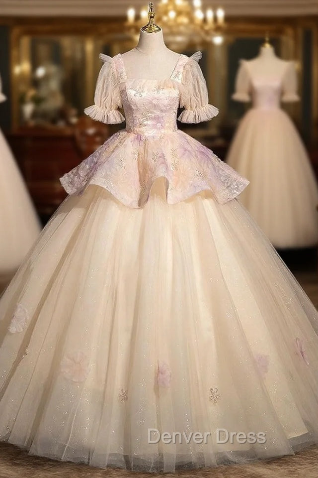 Champagne Tulle Short Sleeve Flower Sequins Quinceanera Dresses