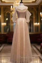 Champagne Tulle Short Sleeve Pearls Prom Dresses