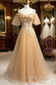 Champagne Tulle Spaghetti Straps Beading Prom Dresses