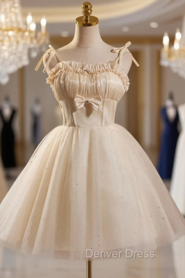 Champagne Tulle Spaghetti Straps Bow Homecoming Dresses Main image