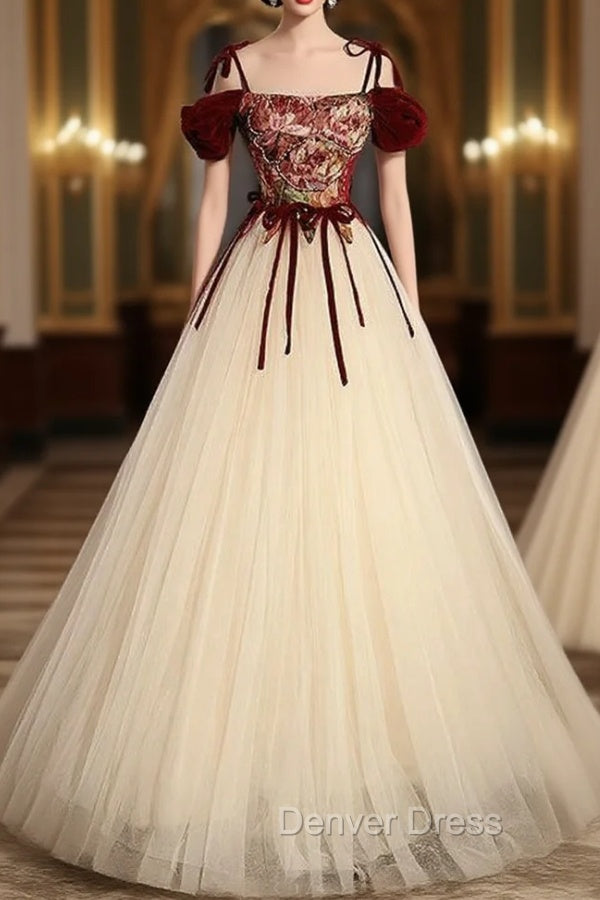 Champagne Tulle Spaghetti Straps Prom Dresses