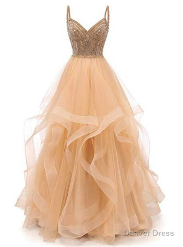 Champagne Tulle Spaghetti Straps Tulle Prom Dresses With Beading Main image