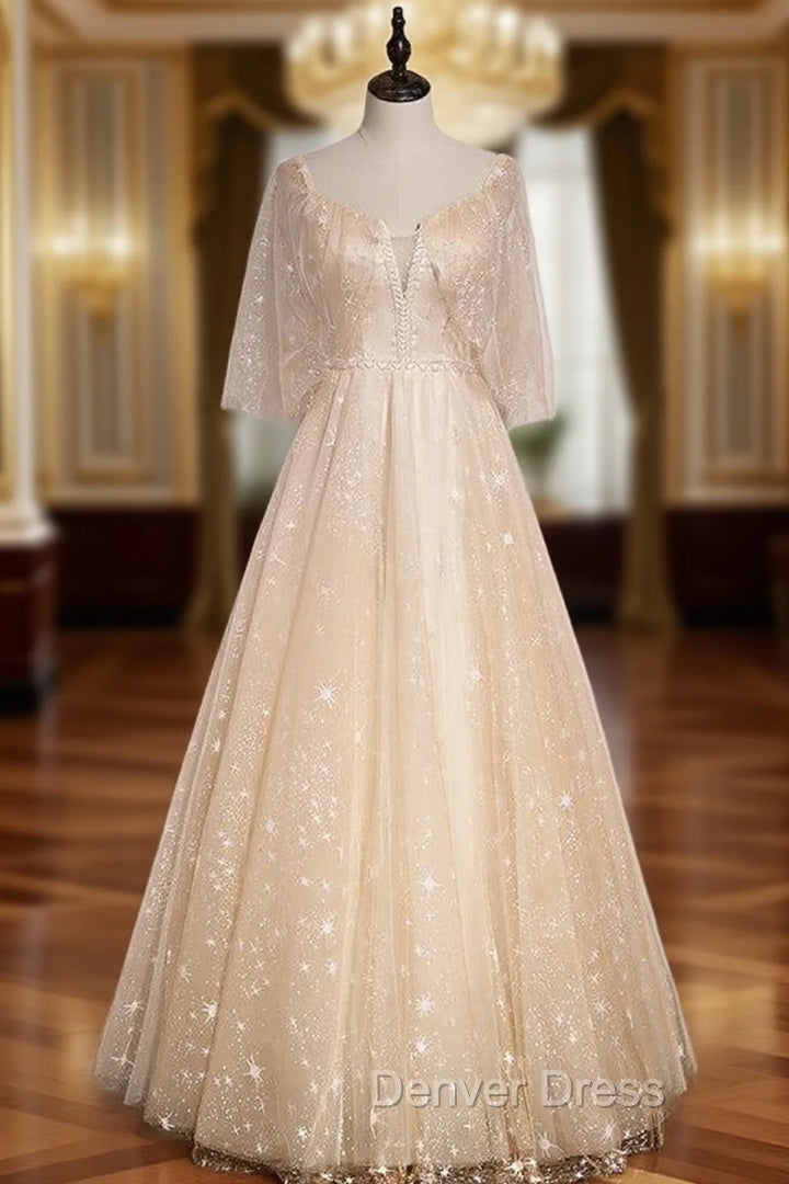 Champagne Tulle Square Beading Prom Dresses