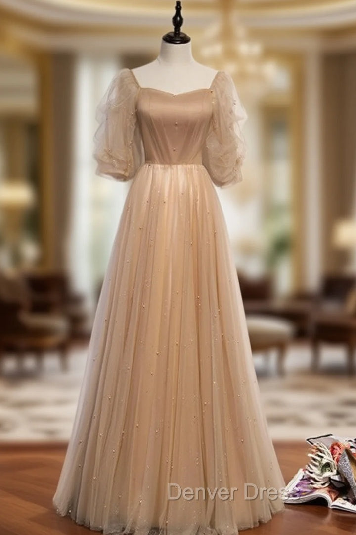 Champagne Tulle Square Puff Sleeve Pearls Prom Dresses