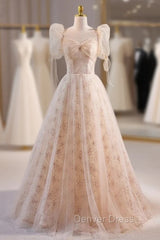 Champagne Tulle Square Puff Sleeve Prom Dresses