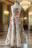 Champagne Tulle Strapless Embroidery Flower Prom Dresses