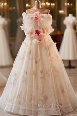 Champagne Tulle Strapless Flower Prom Dresses