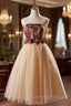 Champagne Tulle Strapless Tea Length Homecoming Dresses