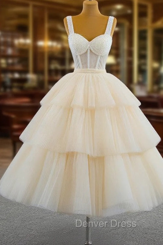 Champagne Tulle Straps Tiers Beading Short Prom Dresses