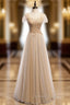 Champagne Tulle Sweetheart Beading Sequins Prom Dresses
