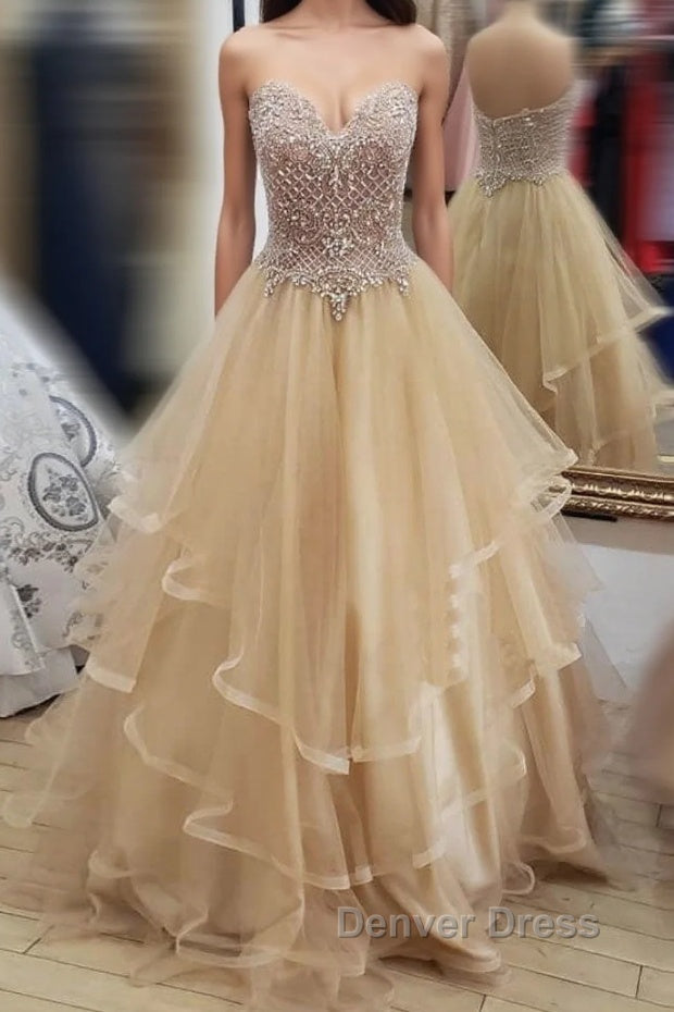 Champagne tulle sweetheart long prom Dress, champagne Prom Dresses