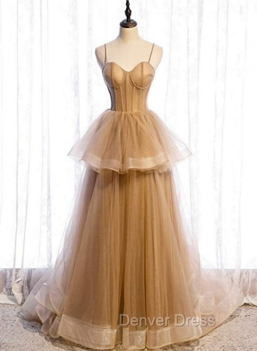 Champagne Tulle Sweetheart Straps Long Ball Gown Prom Dresses, Champagne Party Dresses Main image