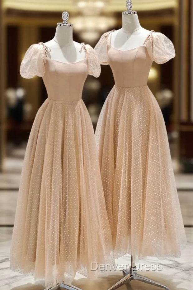 Champagne Tulle Tea Length Prom Dress, Cute Short Sleeve Prom Dresses