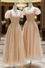 Champagne Tulle Tea Length Prom Dress, Cute Short Sleeve Prom Dresses