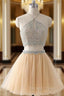 Champagne Tulle Two Piece Halter Homecoming Dresses With Beading