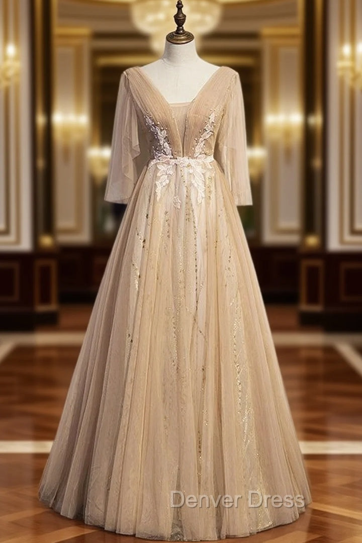 Champagne Tulle V-nec Backless Pleats Prom Dresses