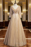 Champagne Tulle V nec Backless Pleats Prom Dresses