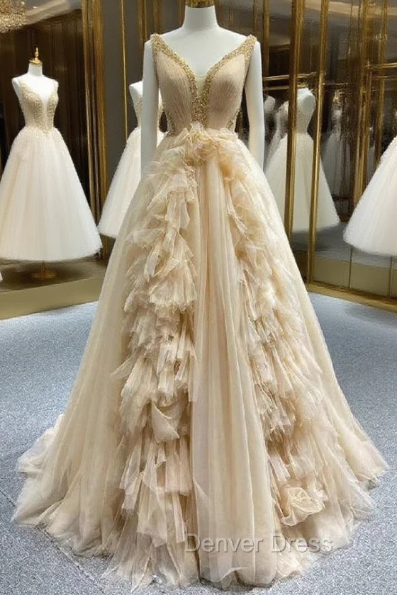 Champagne Tulle V Neck Beading Prom Dresses