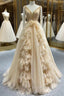 Champagne Tulle V Neck Beading Prom Dresses