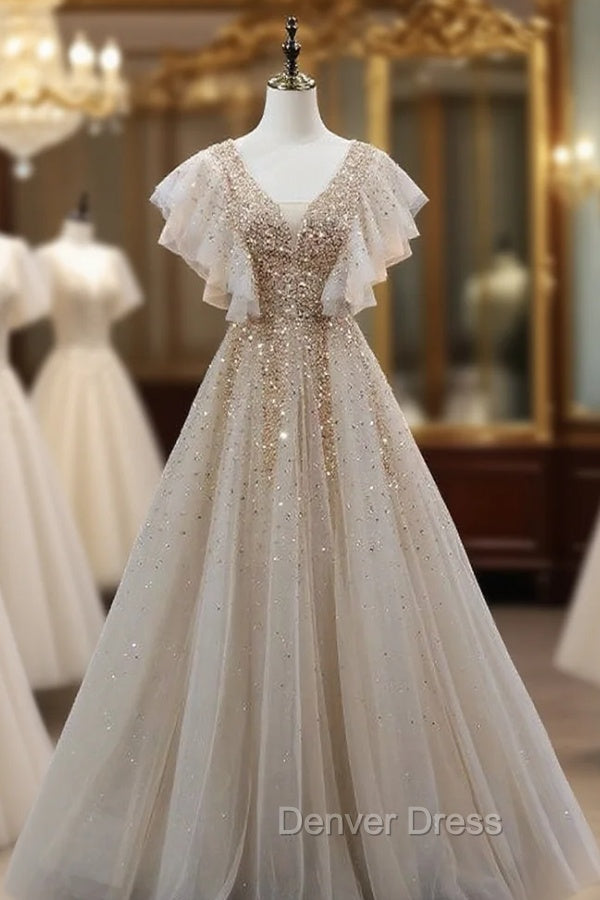 Champagne Tulle V Neck Heavy Beading Prom Dresses