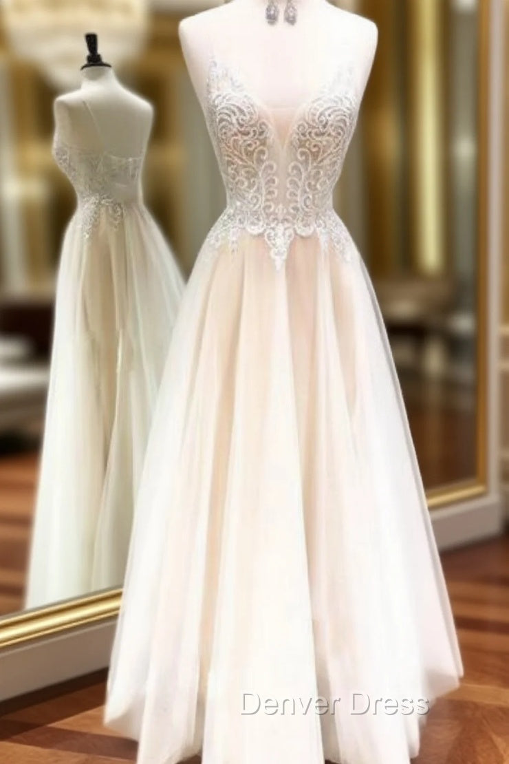 Champagne Tulle V Neck Lace Backless Long Prom Dresses