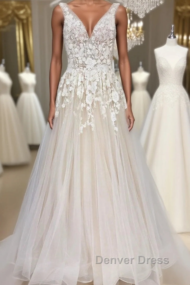 Champagne tulle v neck lace long prom Dress champagne Prom Dresses