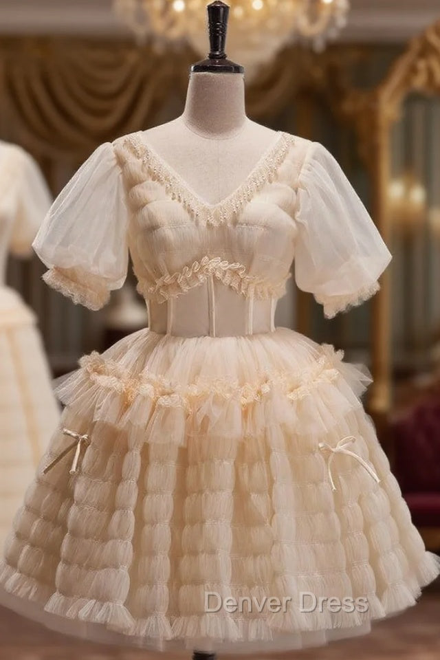 Champagne Tulle V Neck Puff Sleeve Homecoming Dresses