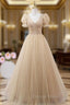Champagne Tulle V Neck Short Sleeve Pleats Beading Prom Dresses