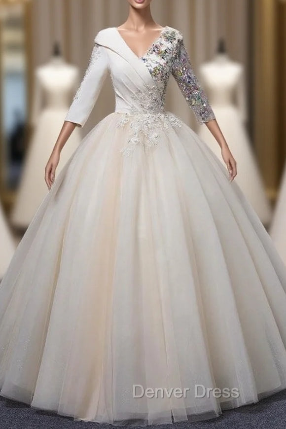 Champagne Tulle V-neck Short Sleeve Quinceanera Dresses