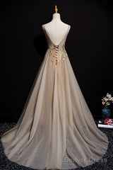 Champagne Tulle V-Neckline Long Lace Prom Dress, A-Line Formal Gown Party Dress