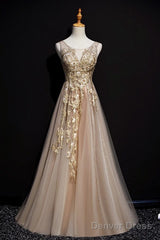 Champagne Tulle V-Neckline Long Lace Prom Dress, A-Line Formal Gown Party Dress