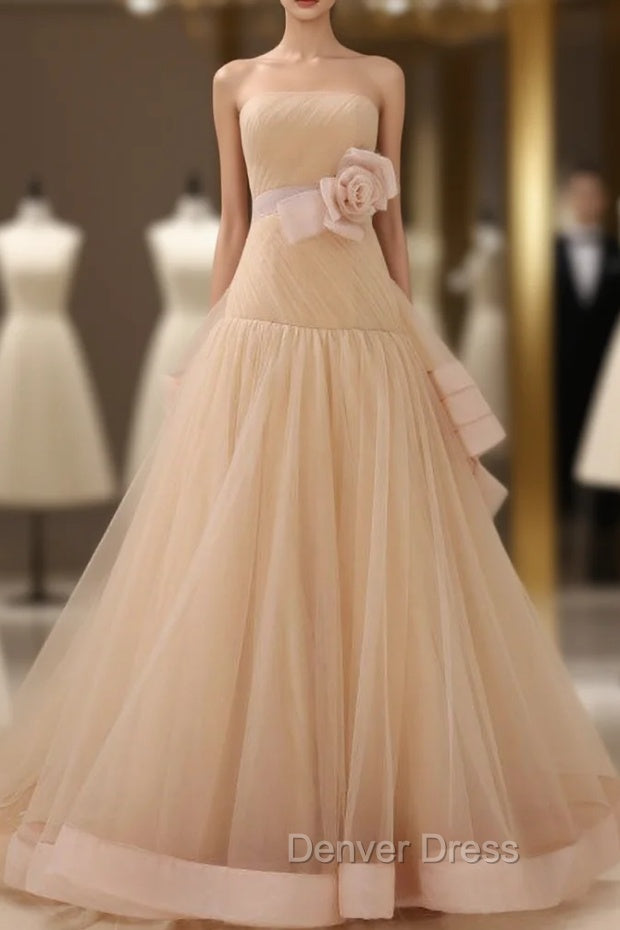 Champagne Tulle With Flower Strapless Backless Wedding Dresses Main image