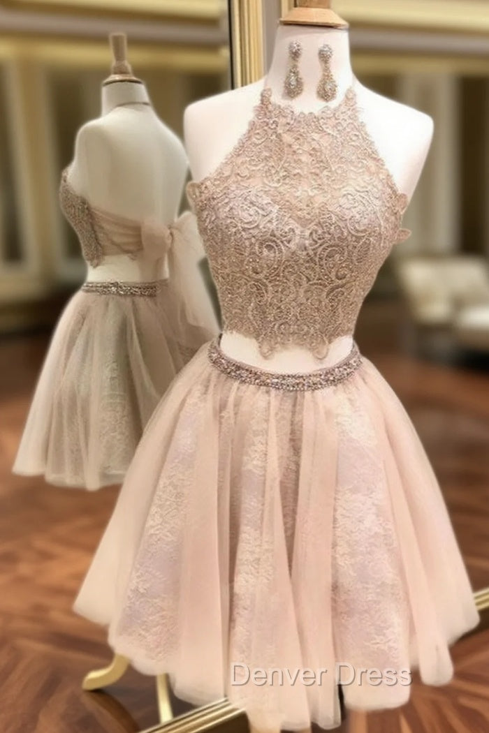 Champagne Two Piece Halter Lace Tulle Homecoming Dresses