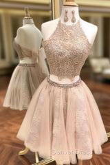 Champagne Two Piece Halter Lace Tulle Homecoming Dresses