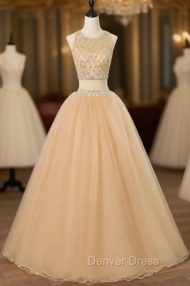 Champagne Two Piece O neck Sparkling Beaded Crystals Tulle Sweet 16 Dresses
