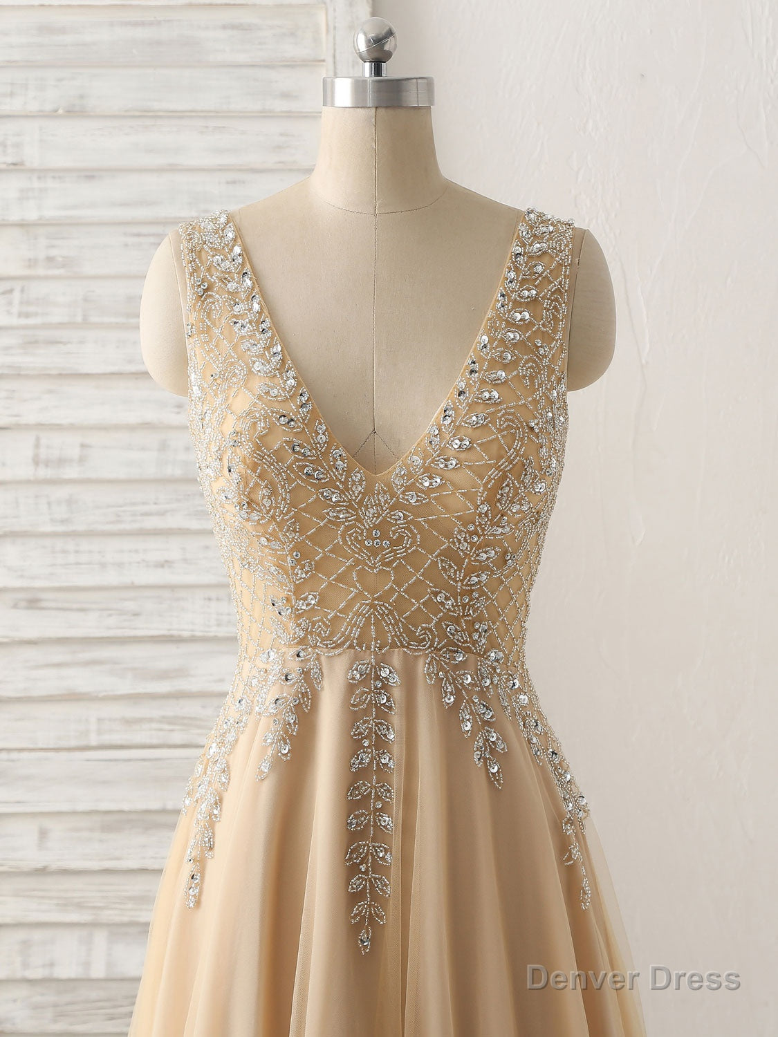 Champagne V Neck Beads Long Prom Dress Tulle Evening Dress Secondary image