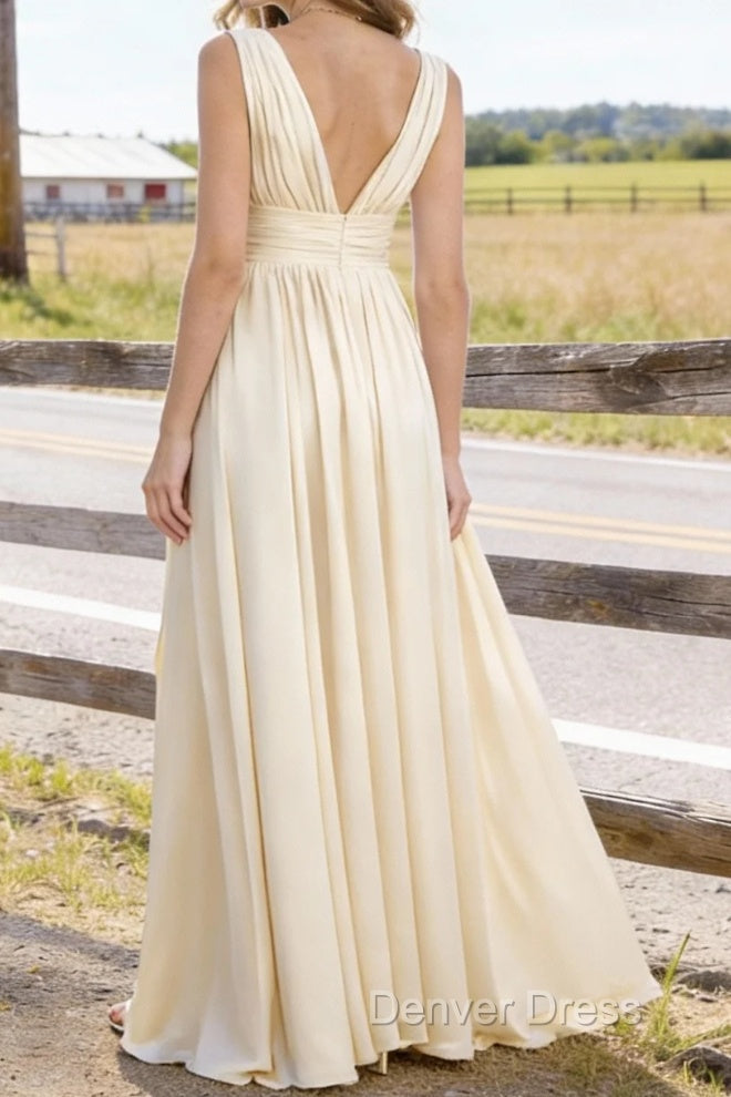 Champagne V Neck Chiffon Floor Length Bridesmaid Dress Long Bridesmaid Dresses With Pleated Split Secondary image