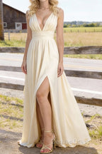 Champagne V Neck Chiffon Floor Length Bridesmaid Dress Long Bridesmaid Dresses With Pleated Split