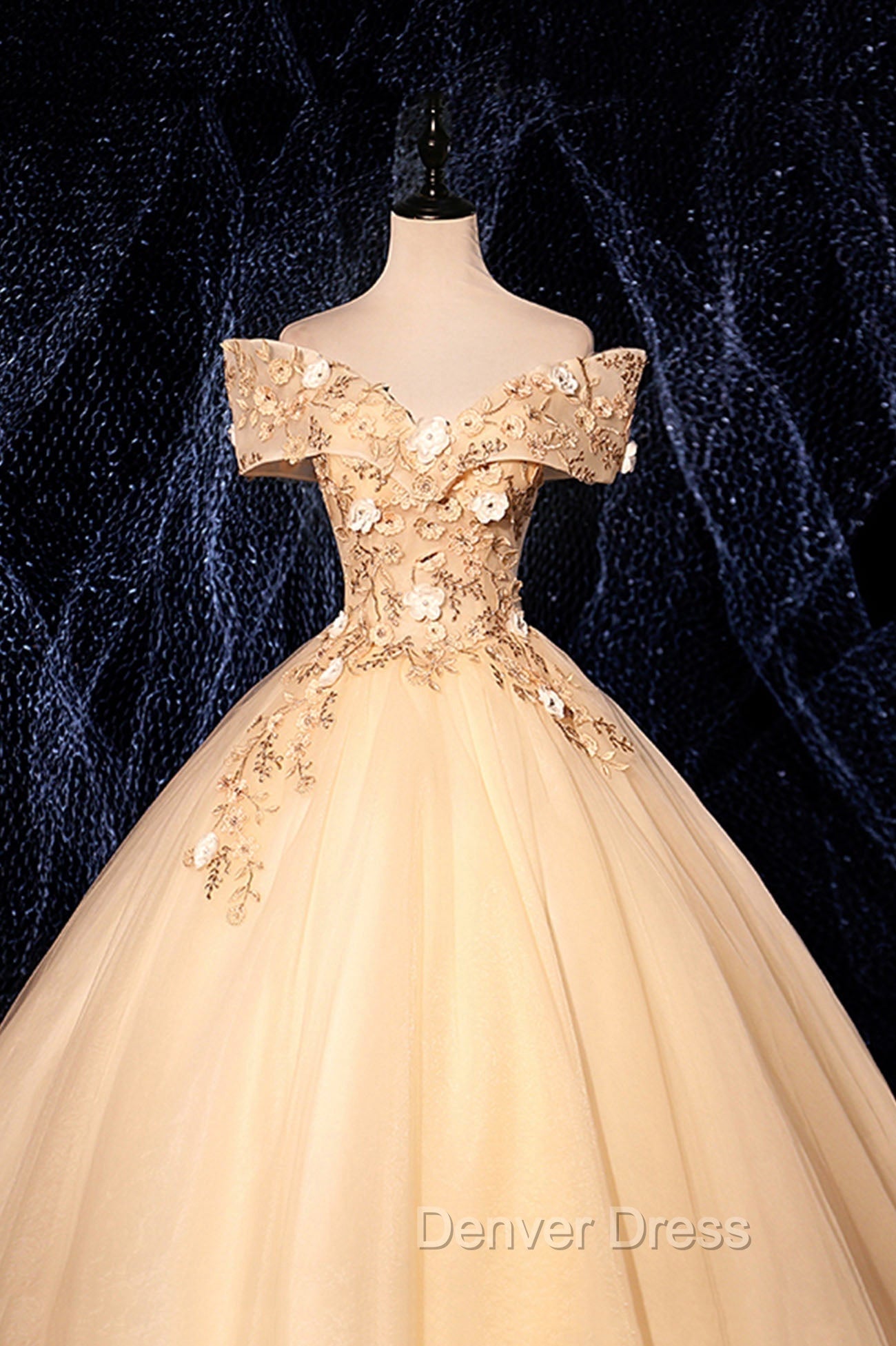 Champagne V-Neck Lace Long Ball Gown, Off the Shoulder Formal Evening Dresses Secondary image